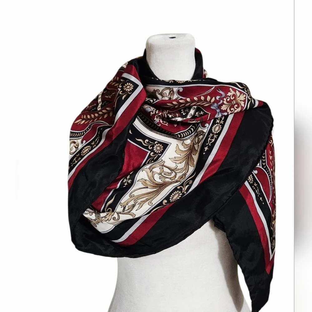 Vintage 1980s Silk Heraldic Shield Versace Style Large Sqaure Scarf. Red/Black. - Picture 1 of 11